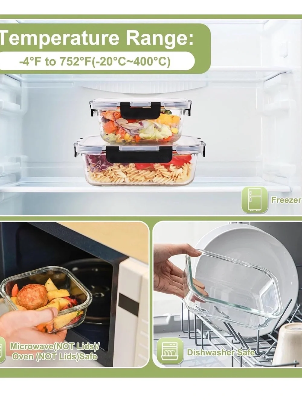 Clear Glass Food Storage Containers with Black Locking Lids - Set of 4
